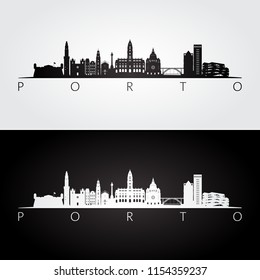 Porto skyline and landmarks silhouette, black and white design, vector illustration.