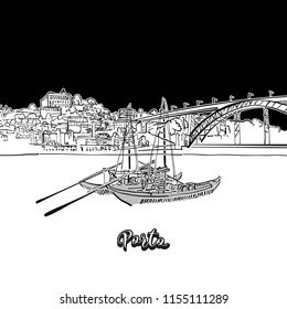 Porto skyline, outline. Vector drawing of skyline, outline, Portugal. Black and white illustration concept.