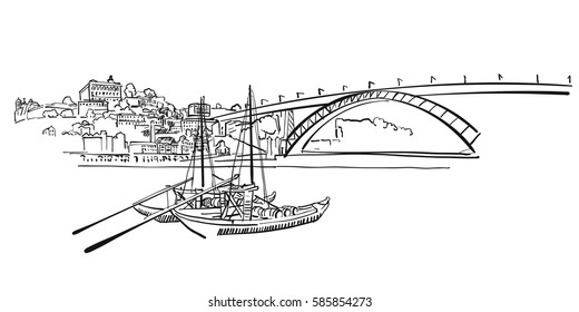 Porto Skyline Panorama Illustration, Hand-drawn Vector Outline Sketch