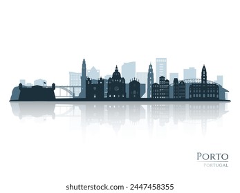 Porto skyline silhouette with reflection. Landscape Porto, Portugal. Vector illustration.