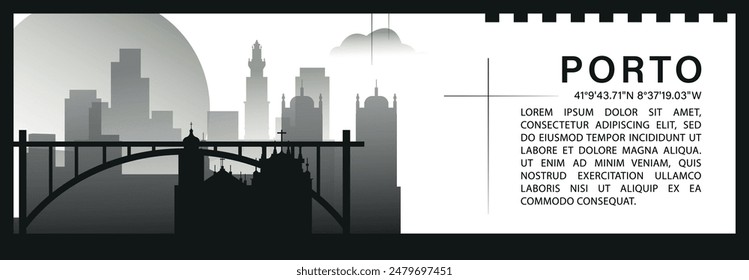 Porto skyline vector banner, black and white minimalistic cityscape silhouette. Portugal city horizontal graphic, travel infographic, monochrome layout for website