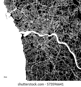 Porto Vector Map, Artprint. Black Landmass, White Water and Roads.