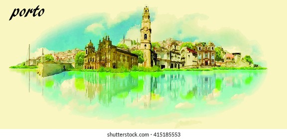 PORTO vector panoramic water color illustration