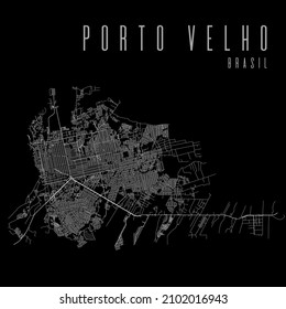 Porto Velho city vector map poster. Brazil municipality square linear street map, administrative municipal area, white lines on black background, with title.