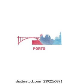 Porto Aquarellfarben Stadtlandschaft Skyline Stadpanorama Vektor flaches modernes Logo, Symbol. Das Konzept der portugiesischen Megapolis mit Wahrzeichen und Silhouetten. Einzelbild