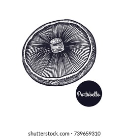 Portobello Mushroom. Hand Drawing. Style Vintage Engraving. Vector Illustration Art. Black And White. Isolated Objects Of Nature. Cooking Food Design For Menu, Store Signs, Markets.