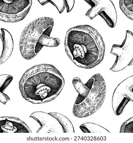 Portobello mushrooms seamless pattern. Hand drawn vector illustration. Healthy food background. NOT AI generated