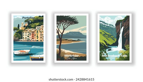 Portofino, Italy. Reichenbach Falls, Switzerland. Sterkrivier, South Africa - Vintage travel poster. Vector illustration. High quality prints