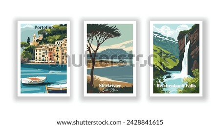 Portofino, Italy. Reichenbach Falls, Switzerland. Sterkrivier, South Africa - Vintage travel poster. Vector illustration. High quality prints