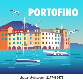 Portofino landscape vector illustration with the town view, fishing boats and seagulls