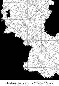 Portolan map, two continents coastline and a sea. Black and white. Middle ages navigation