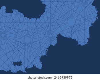 Portolan map, two continents coastline and a sea. Blue. Middle ages navigation