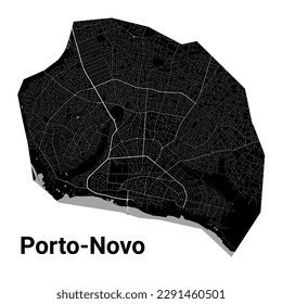 Porto-Novo, Benin map. Detailed black map of Porto-Novo city administrative area. Cityscape poster metropolitan aria view. Black land with white roads and avenues. White background.