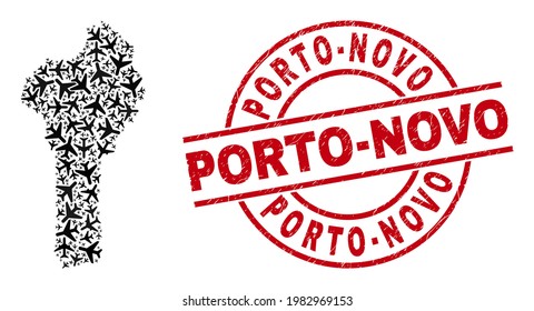 Porto-Novo Grunge Stempel und Benin Karte Collage von Flugzeugen. Mosaik Benin Karte mit Luftkraftzeichen. Rote Briefmarke mit Porto-Novo-Bildunterschrift und grunge Gummistruktur.