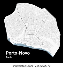 Porto-Novo Karte, Hauptstadt von Benin. Stadtplan mit Flüssen und Straßen, Parks und Eisenbahnen. Vektorgrafik.