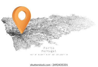 Porto,Portugal,detail Streets Roads Map with location pin,editable vector element template image 