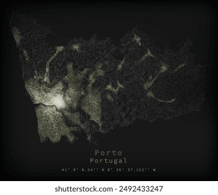 Porto,Portugal,street lights map. Satellite view on modern city at night. Imitation of aerial view on roads network. vector image