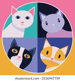Retrato de 4 gatos em estilo decorativo colorido