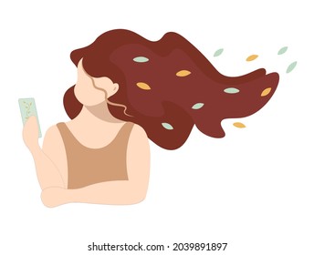 Portrait of an abstract girl in a modern minimalist style. Selfie photo of lady with smartphone. Autumn photo session of a woman with loose hair. Isolated vector illustrations in flat style