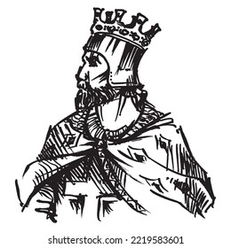 Portrait of an abstract king in a crown. Line drawing of a monarch. Power