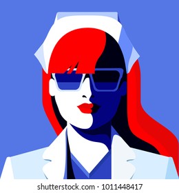 Portrait of abstract medical worker. Young woman as doctor or nurse. Vector illustration