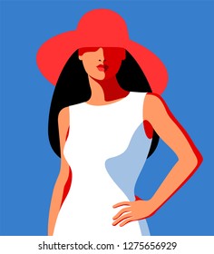 Portrait of abstract standing girl in big hat, blue background, vector illustration