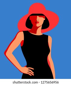 Portrait of abstract standing girl in big hat, blue background, vector illustration