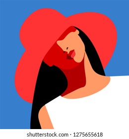 Portrait of abstract young girl in big hat, blue background, vector illustration
