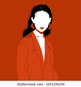Portrait of abstract young girl in red coat, red background, vector flat illustration. Trendy art minimal poster print. Vector hand drawn illustration, face and shoulders avatar, fashion 