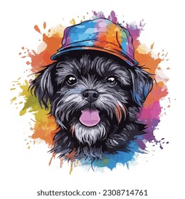 Portrait of adorable Affenpinsch dog wearing colorful hat on white background. Colorful watercolor.