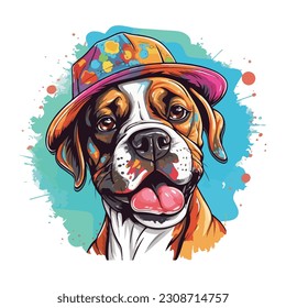 Portrait of adorable boxer dog wearing colorful hat on white background. Colorful watercolor.