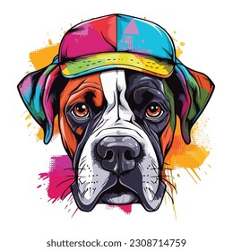 Portrait of adorable boxer dog wearing colorful hat on white background. Colorful watercolor.