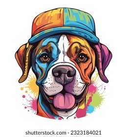 Portrait of adorable boxer dog wearing colorful hat on white background. Colorful watercolor.