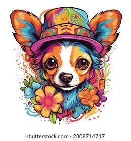 Portrait of adorable chihuahua dog wearing colorful hat and flowers on white background. Colorful watercolor.