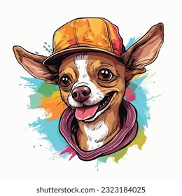 Portrait of adorable chihuahua dog wearing colorful hat on white background. Colorful watercolor.