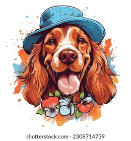 Portrait of adorable cocker spaniel dog wearing blue hat on white background. Colorful watercolor.