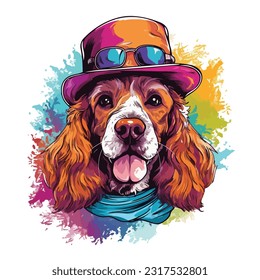 Portrait of adorable cocker spaniel dog wearing colorful hat on white background. Colorful watercolor.