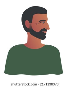 Portrait Of Adult Brown Man In Green Sweater. Latino Male With Face In Profile. Shoulder-length Side View Portrait In Flat Style. Vector Illustration For Print, Poster, Banner, Advertisement.