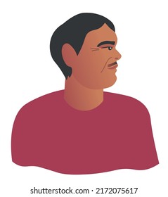 Portrait Of Adult Brown Man In Red Sweater. Latino Middle Age Brunet Male With Face In Profile. Shoulder-length Side View Portrait In Flat Style. Vector Illustration For Print, Poster, Banner.