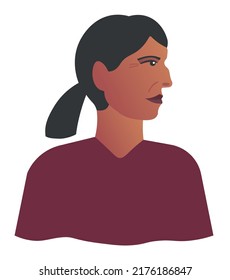 
Portrait von erwachsenen braunen Frauen in bordeauxfarbenem Pullover. Latino Mittelalter Brunet weiblich mit Gesicht im Profil. Schulterseitenbild im flachen Stil. Vektorgrafik für den Druck.