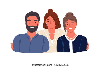 Portrait of adult daughter and aged parents vector flat illustration. Happy family members hugging feeling love and tenderness isolated on white. Adorable relatives embracing to each other