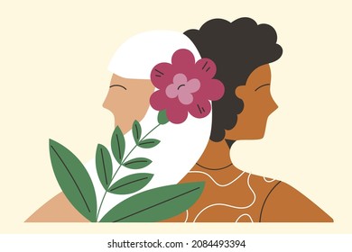 Portrait of adult daughter and elderly mother. Beautiful senior mom and her daughter. Family relationship flat vector cartoon illustration isolated on white background. Woman or mother day concept