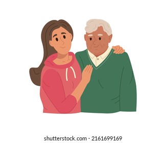 Portrait of an adult daughter and her elderly gray-haired father. Happy family members hug and feel love for each other. Healthy family relationships. Flat vector illustration