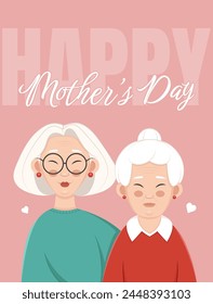 Portrait of adult daughter hugging old mother. Mother's day greeting card. Vector flat illustration.