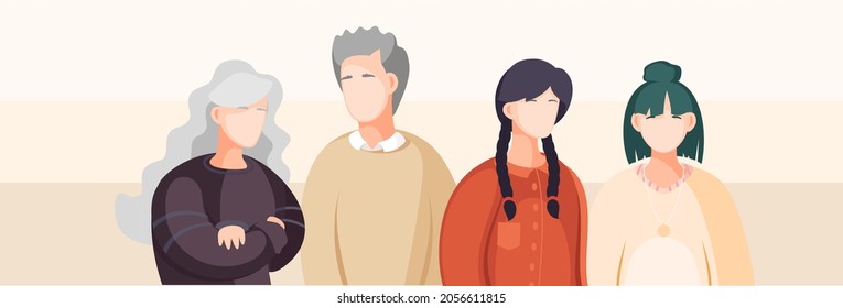 Portrait of adult daughters and aged parents. Happy family members young girls with old man and woman isolated on white. Group of diverse people standing together, community and togetherness concept