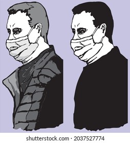 Portrait of an adult man in a black jacket and medical mask on face. Vector image in grayscale and separately silhouette.