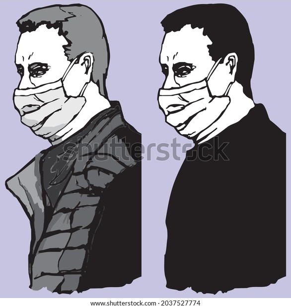 Взрослый мужчины в черной куртке,с медицинской маской на лице, два рисунка сделанные Андрем Бондаренко, векторное изображение на Shutterstock