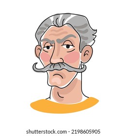 Portrait of an adult man with a mustache. Line style with colored spots. Isolated on white background. Vector flat illustration