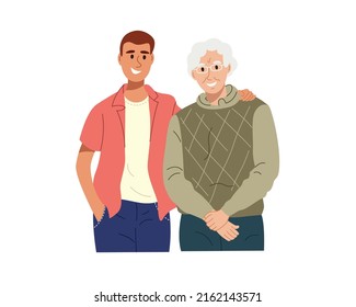 Portrait of an adult son and his elderly gray-haired father. Happy family members hug and feel love for each other. Healthy family relationships. Flat vector illustration