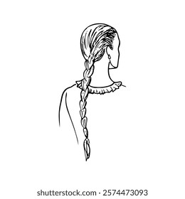 portrait of adult woman with long braid view from back - hand drawn line art